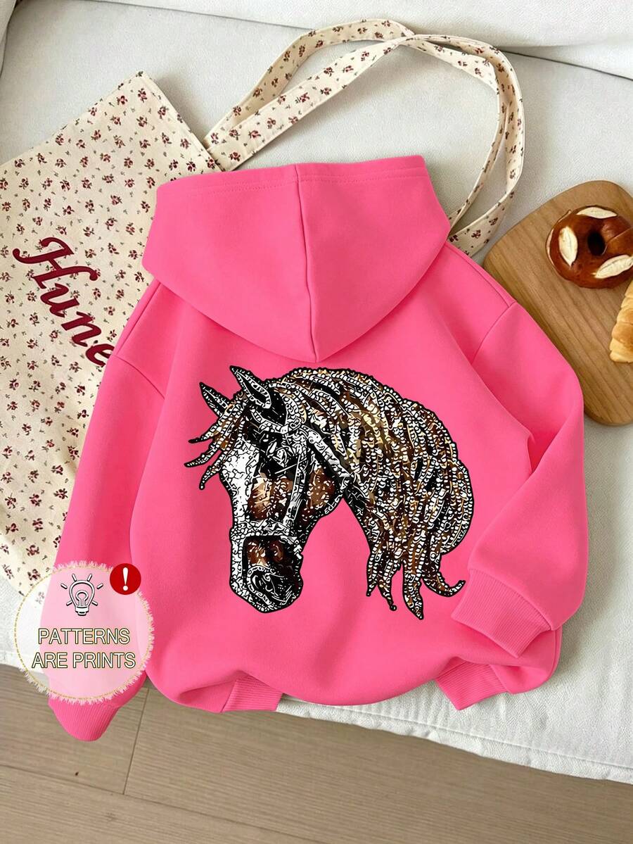 Western Cowboy Girl Style Pullover Sweatshirt, Luxurious Artistic Horse Head Back Print Loose Long Sleeve Sweatshirt, Spring/Autumn - Hot Pink - View 1