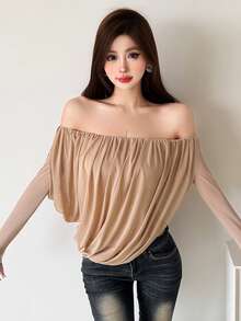 DOUCIU Women's Off-Shoulder Deep V-Neck Knitted Short Top With Tassel Fringe Decor, Long Sleeve Medium Elasticity Autumn Outfit - Khaki - View 3
