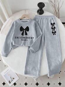 2pcs/Set Girls Big Tween Girl Round Neck Sweatshirt And Wide Leg Pants Outfit, Black Bow Print Round Neck Sweatshirt + Wide Leg Pants Matching Set, Suitable For Autumn/Winter Daily Wear - Multicolor - View 2