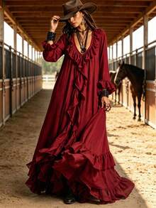 Vuslat Women's Autumn Deep V-Neck Burgundy Long Sleeve Double Layer Ruffle Hem Asymmetrical Halter Neck Maxi Dress, Suitable For Halloween, Music Festival - Burgundy - View 4