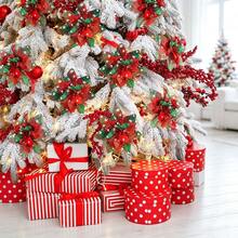 3/12/24pcs Christmas Artificial Poinsettia Branch, Red Green Plaid Fake Flower With Stem, No Clip Floral Pick For Holiday Decor - Red - View 4