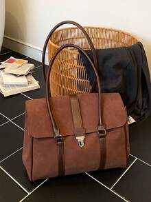 女款 Satchel 手提托特包，純色麂皮 PU 拼接材質，金屬鎖扣，長頂部手柄，大容量，復古風，適合辦公工作與日常通勤 - 咖啡 - 查看 3