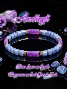 Natural Amethyst & Blue Lace Agate Square Beaded Bracelet - Anxiety,Inner Peace, Bohemian Stackable Crystal Jewelry Gift For Women Men Daily Wear - Multicolor - View 1