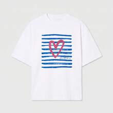 Oversized Fit Crew Neck Short Sleeve Pink Heart And Blue Stripes Print Soft Cotton Comfortable Casual Everyday Wear - White - View 1