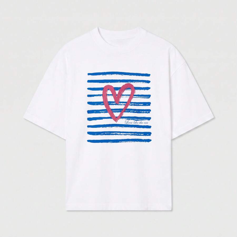 Oversized Fit Crew Neck Short Sleeve Pink Heart And Blue Stripes Print Soft Cotton Comfortable Casual Everyday Wear - White - View 1