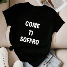 Italian Summer Cotton T‑Shirt, Edgy Simple Bold Foreign Text Slogan Front Graphic, Casual For Date Weekend Holiday Looks - Black - View 2
