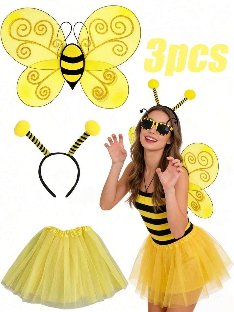 Halloween 3-Piece Cute Bee Costume Set: Tulle Skirt + Headband + Bee Wings, Suitable For Carnival, Holiday, Party And Role Play, Halloween Cosplay