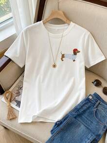 Grande Taille - Grande Taille - T-Shirt For Women With Imprimé De Chien Teckel Mignon, Skin Decontracté à Col Round And Some Courtes Au Minimalist Sty - White - View 4