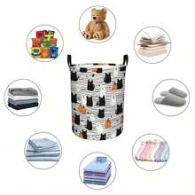 1PC Cute Halloween Print Storage Basket With Handles, Black Cat Ghost Pumpkin Spider Web Pattern Household Organizer Bin, Suitable For Multi‑Purpose Storage Of Clothes Sundries, Home And Room Decor - Black, White and Gray - View 5