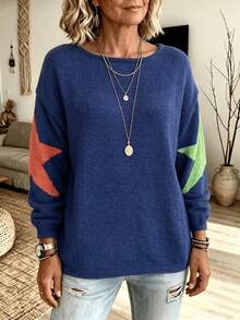 Plus Size Women Star Pattern Knit Sweater, Fall Winter Boat Neck Long Sleeve Color Block Loose Casual Pullover Top - Navy Blue - View 2