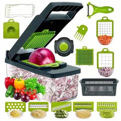1 pieza Picador de verduras y cebolla, Cortador de verduras multifunción, Procesador de alimentos, Picador de cebolla con cesta colador, Picador de zanahoria y ajo con recipiente, Herramienta de cocina, Accesorio de cocina, Adecuado para procesamiento rápido en el hogar/restaurante
