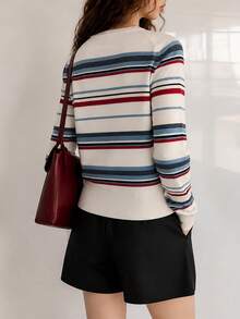 Women's Autumn/Winter Minimalist Casual Colorful Striped Round Neck Pullover Sweater Knit Top - White - View 2