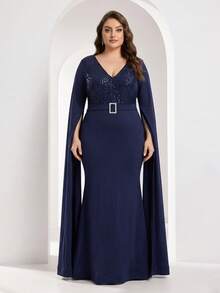 YISIKADO Plus Size Women's Elegant Navy Blue V-Neck Long Dress, Colorblock Sequin Fitted Bodice, With Rhinestone Belt Buckle And Flowing Cape Sleeves - Navy Blue - View 1