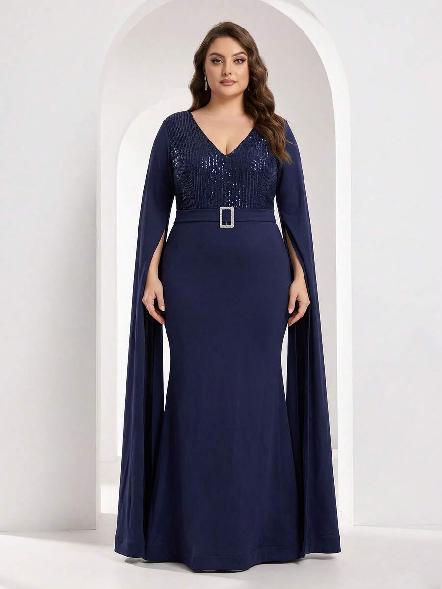 YISIKADO Plus Size Women's Elegant Navy Blue V-Neck Long Dress, Colorblock Sequin Fitted Bodice, With Rhinestone Belt Buckle And Flowing Cape Sleeves - Navy Blue - View 1