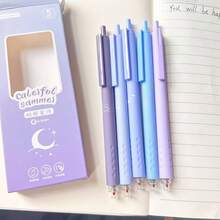 5pcs/1pc Collect Moonlight Retractable Gel Pen Set, Gradient Blue Star & Moon Print 0.5mm Black Ink Smooth Writing Ballpoint Pens, Fresh Macaron Cute Student Exam Stationery - Multicolor - View 6