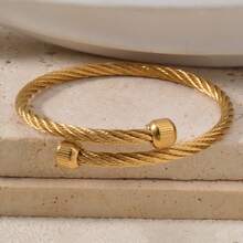 18K Gold Twisted Cable Cuff Bracelet For Women Men, Minimalist Adjustable Open Bangle, Jewelry Gift - Gold - View 5