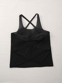 Women's Solid Color Cross Back Spaghetti Strap Cami With Removable Pads, Loose Fit Yoga Tank Top, Casual Workout Gym Cover Up Shirt - Black - View 7