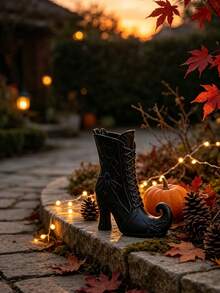 Halloween Dark Style Spider Witch High Heel Boots Figurine, Vintage Spider Web Embossed Curved Pointed Shoe Design, Gothic Halloween Atmosphere Desktop Decor, Suitable For Yard, Coffee Table, Window Display, Halloween Party Essential Ornament, Unique Niche Home Decor, Gift, Scene Setting, Photography Prop Dual Use, Matte Black Texture Exquisite Versatile - One Size Fits All - View 1