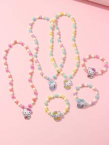 2pcs Sanrio Kids Jewelry Accessories Cute Kitty Pendant Beaded Bracelet Necklace Set, Suitable For Holiday Parties, Campus Birthday Gifts For Girls - Multicolor - View 8