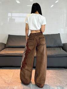1件女款寬鬆刺繡寬腿牛仔褲，舒適休閒高街百搭丹寧長褲（不含腰帶/配件）秋季 - 咖啡棕 - 查看 11