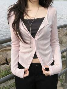 Korean Style Minimalist Round Neck Single-Breasted Long Sleeve Cardigan Top Pink - Pink - View 2