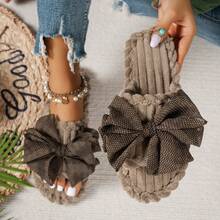 Women's Home Slippers Bow Knot Fashion Fabric Patchwork Casual One-Strap Indoor Autumn Winter Cotton Slippers - Khaki - View 4