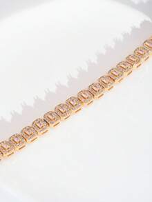 1pc Luxury Elegant Sparkling Cubic Zirconia Inlaid Rectangular Design Bracelet, Suitable For Women's Wedding And Banquet Wear, Gift Box Not Included - Yellow Gold - View 4