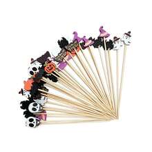 5/10/30/50/100/200pcs Halloween Bamboo Cake Toppers, Ghost Pumpkin Bat Skull Spider Shaped Cake Picks, Party Dessert Table Decoration - Multicolor - View 1