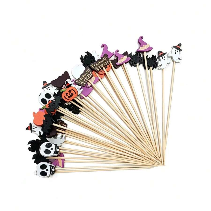 5/10/30/50/100/200pcs Halloween Bamboo Cake Toppers, Ghost Pumpkin Bat Skull Spider Shaped Cake Picks, Party Dessert Table Decoration - Multicolor - View 1
