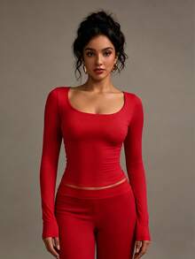 XLLAIS Áo thun dài tay màu đỏ, cổ chữ V, kiểu dáng thường ngày cho nữ, thích hợp cho tiệc năm mới, ngày Valentine. - Đỏ - Xem 1