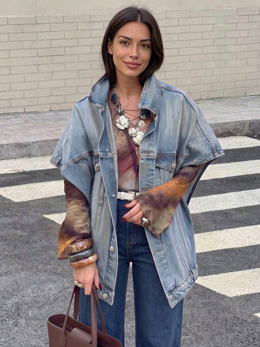 Fashionable Versatile Loose Turndown Collar Denim Jacket, Unique Design Short Sleeve Denim Jacket For Commuting Casual Summer - Light Wash - View 1