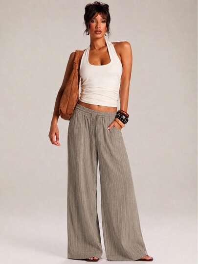Women's Vintage Striped Wide Leg Pants, Drawstring Waist, Loose Woven Fabric Long Pants, With Pockets, Casual Fashion Loose Fit