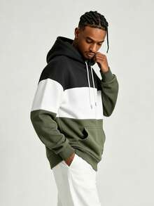 Men's Colorblock Warm Autumn/Winter Fashion Versatile Thermal-Lined Hooded Sweatshirt - Black and White - View 2