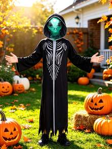 Children's Alien Costume, Hooded Alien Robe With Green Lightning Mask, Scary Alien Outfit For Halloween, Suitable For Boys And Girls, Alien Theme Party Costume, Halloween Candy Party Costume, Children's Carnival Costume - Multicolor - View 3