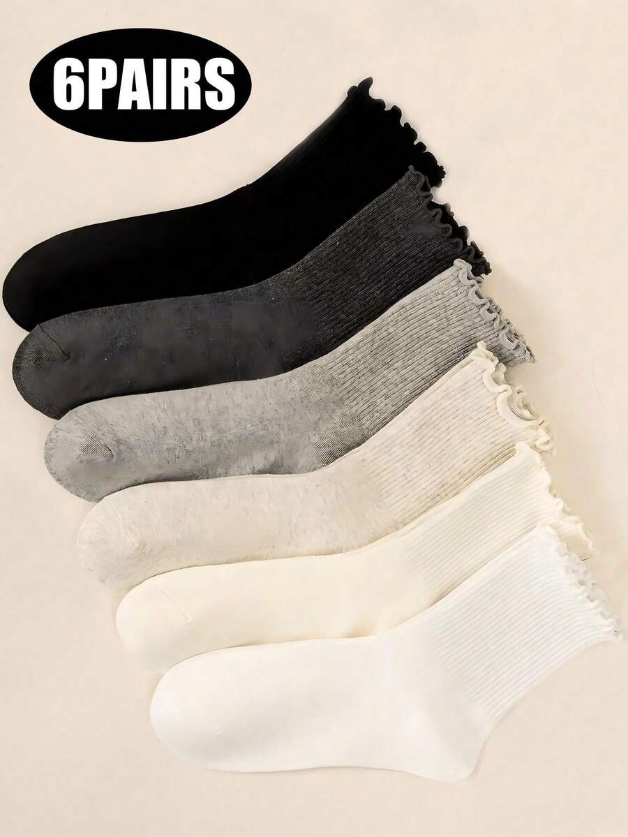 6 Pasang Kaos Kaki Wanita Berwarna-warni dengan Rumbai Setengah Betis, Hangat, Tahan Dingin, untuk Musim Gugur dan Musim Dingin, Kaos Kaki Renda Lucu - MultiWarna - View 1