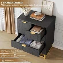 Cómoda Cajonera Moderna con 5 Cajones y Tiradores de Metal Dorado, Mueble de Dormitorio con Textura Geométrica en Relieve y Base de Metal, Ideal para Sala, Recámara o Espacios Pequeños Mueble de Almacenamiento Moderno para Decoración de Interiores - Negro - Ver 4