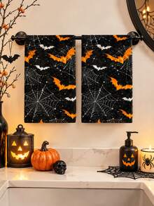 2pcs/4pcs Halloween Bat Spider Web Towels, Orange & White Vintage Distressed Print, Soft Absorbent Microfiber, Bathroom Kitchen Holiday Decor Gift - Multicolor - View 2
