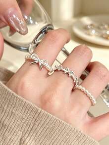 3pcs/Set Minimalist Bow Faux Pearl Elastic Cord Women's Ring Set, Stackable, Perfect For Daily Wear, Party, Holiday, Birthday, Best Gift Choice - Silver - View 4