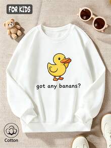 Cotton Girls Crew Neck Pullover Sweatshirt, Loose Fit Fall Winter Yellow Duck Print "Got Any Bananas?" Long Sleeve, Cute Sweet Preppy Style - White - View 3