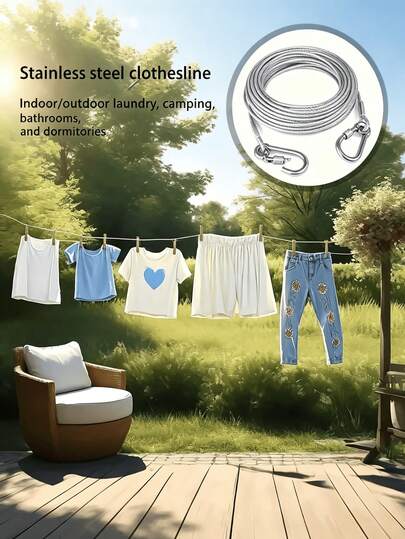 1 pieza Tendedero de acero inoxidable duradero | Cuerda portátil para secar ropa, apta para uso interior/exterior, perfecta para camping, baño y dormitorio, correa para mascotas, antideslizante, a prueba de óxido y resistente a la intemperie, con accesorios de gancho, tendedero de ropa interior/exterior, cuerda de acero multifuncional