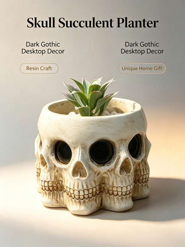 Maceta de resina con múltiples calaveras, maceta de aspecto óseo desgastado de tono oscuro gótico para suculentas & cactus pequeños, adorno decorativo de escritorio, repisa y estantería, regalo creativo de Halloween, cumpleaños e inauguración de casa