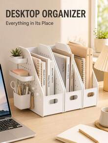 1pc White Multi-Grid Desktop File Organizer, Minimalist Modern Style Plastic Material, Slanted Opening Design, With Pegboard Side Hanging Basket, Multi-Functional Book File Stationery Storage Rack, Suitable For Study Office Daily Use, All Season - Multicolor - View 4