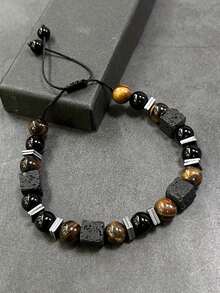 Fashionable Handmade Woven Adjustable Men's Bracelet With Tiger Eye Stone & Obsidian Vintage Minimalist Jewelry Suitable For Daily Wear / Gift Giving - Multicolor - View 9