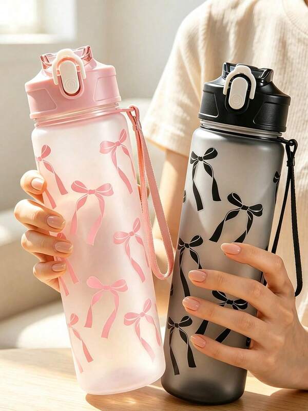 800ml Cute Bow Print Frosted Plastic Water Bottle, Portable Leak-Proof Flip Lid Cup With Strap, Suitable For Women, Sports, Travel, Daily Use, Large Capacity Water Bottle, Outdoor Garden Decor, Room Decor, Teacher Gift, Wedding Decor, Holiday Accessory, Garden, DIY, Bedroom Decor, Kitchen Decor, Dorm Essential, Storage Room, Travel Essential, Bachelorette Party Supplies, Desk Accessory, Autumn Home Decor, Home Supplies, Family Essential, Gift For Women, Gift For Men
