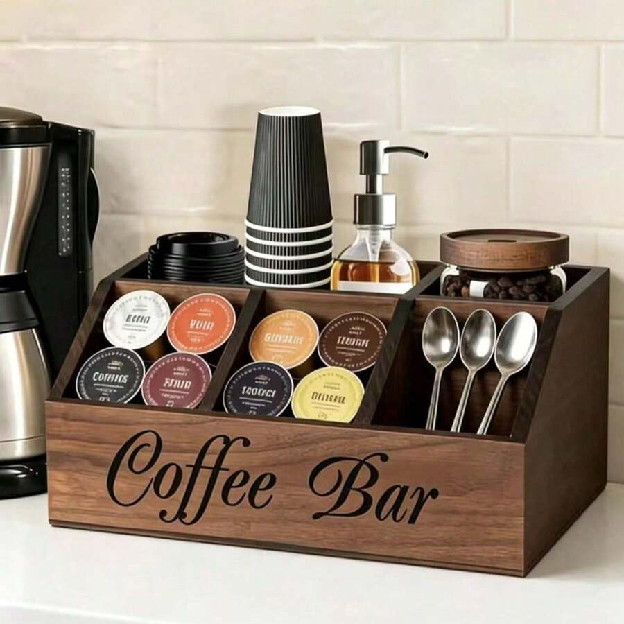 1pc 5-Compartment Wooden Coffee Bar Storage Box, Vintage Country Style Countertop Organizer, Suitable For Coffee Capsules, Coffee Cups, Spoons And Accessories, Farmhouse Style Kitchen Coffee Station Decor - Multicolor - View 1