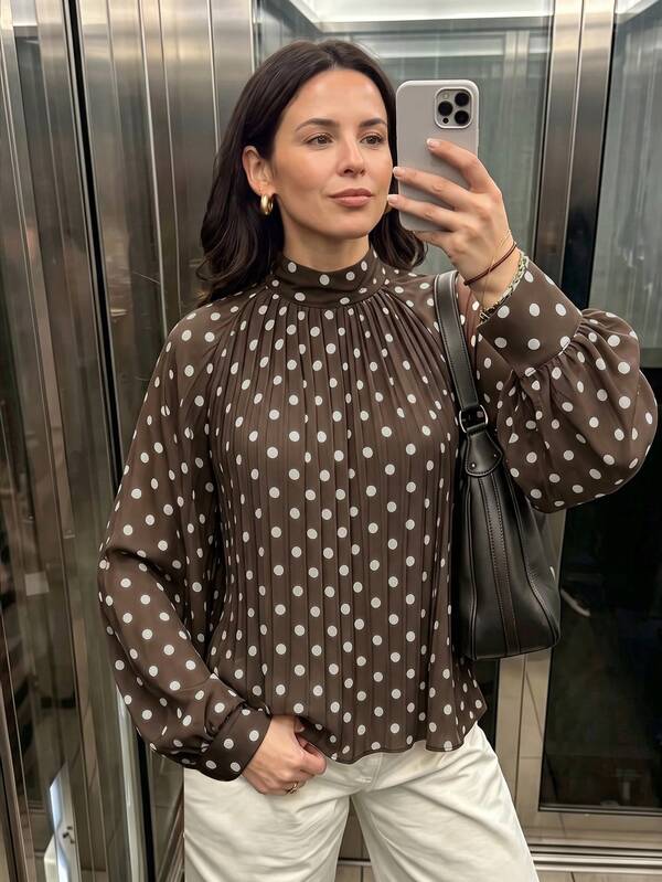 Women's Brown Polka Dot Sheer Chiffon Blouse, High Neck Ruffle Bell Sleeve Shirt, Elegant Vintage Casual Style