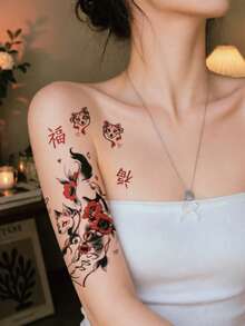 1pc Temporary Tattoo Sticker, Japanese Fox Mask Flower Sword Pattern, Realistic Fake Tattoo Design, Suitable For Daily Wear, Bachelor Party Favors, Music Festivals, Cosplay, Graduation Gifts, Lasts 3-5 Days - Multicolor - View 3
