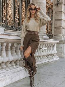 NiceArt Women's Fall Winter Khaki Minimal Knit Top, Crew Neck Cable Knit Raglan Lantern Sleeve Sweater With Ribbed Waist For Daily & Office Wear - Khaki - View 7