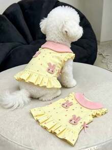 1pc Pet Dog Clothes Spring/Autumn Sweet Cute Flutter Sleeve Princess Dress For Teddy Bichon Pomeranian Small/Medium Dogs, Dog Flutter Sleeve Lace Princess Dress For Teddy Bichon Small Dogs, Stylish 3D Cute Rabbit Dress - Yellow - View 8
