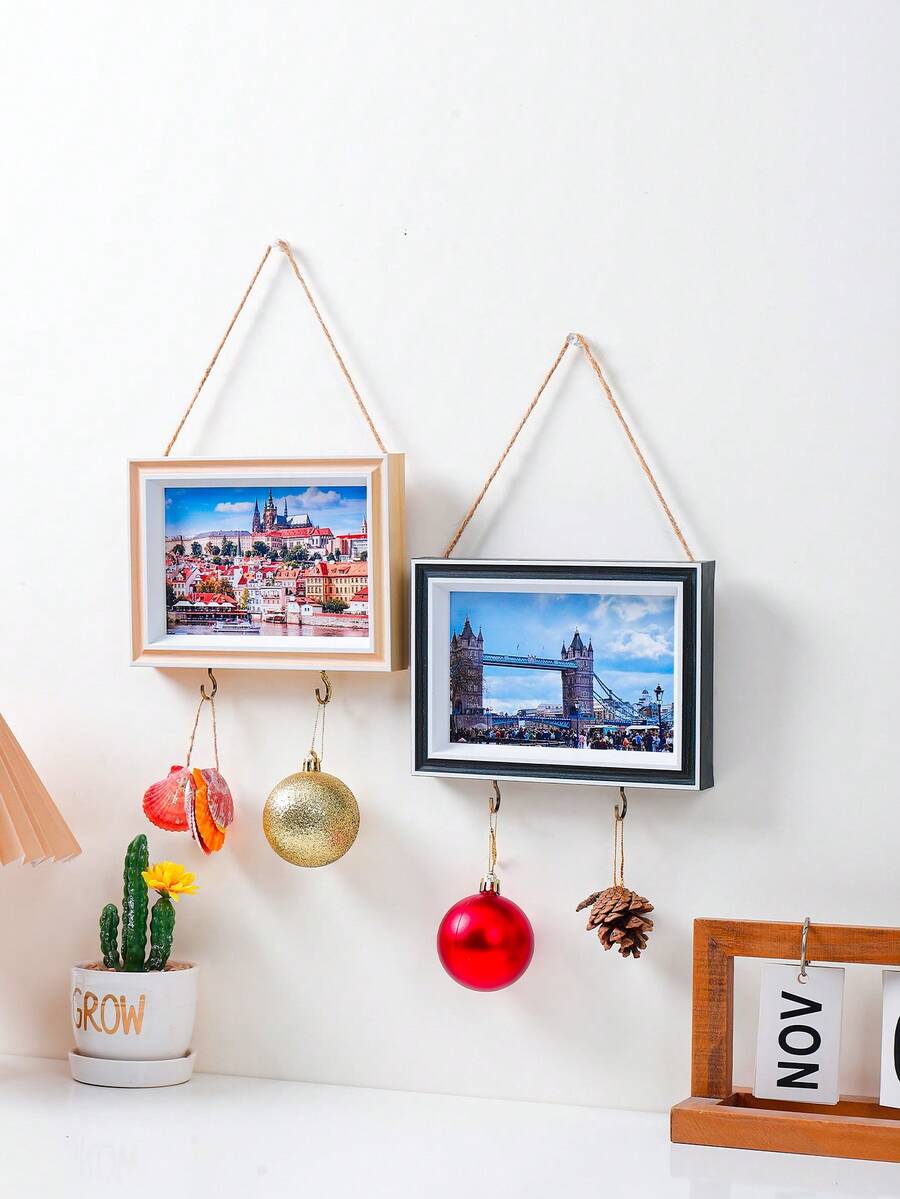 1pc Hanging Photo Frame With Bottom Hooks, Wall Mount Picture Frame For Photo Display, Multi‑Hook Design For Hanging Ornaments Shell Pinecone, Home Wall Decor For Bedroom Living Room Gallery Wall, Gift For Housewarming - Multicolor - View 1